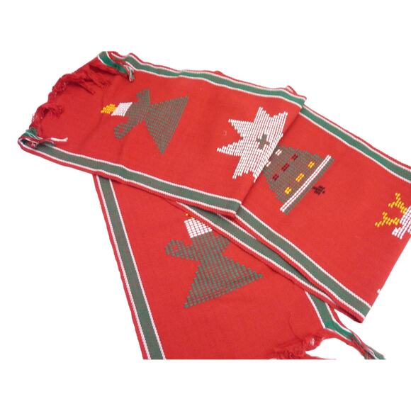 Vintage Boho Cottage Handmade Needlepoint Christmas Table Runner Decor Red - Picture 1 of 5